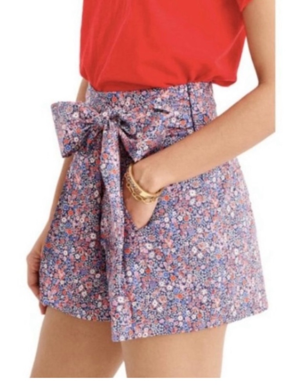 J. Crew Red and Blue Floral High-Waist Tie-Waist Women's Shorts